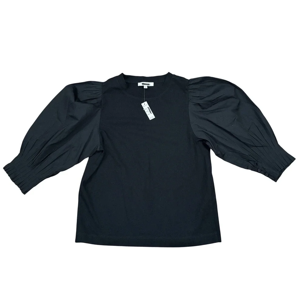 Madewell Top Women XXS Black Puff Sleeve Knit Top Pleated Cuff Dark Academia NWT
